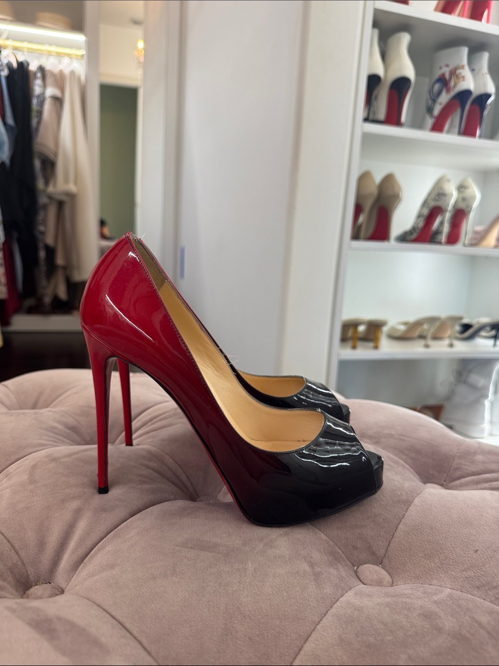 Christian Louboutin Two-Tone Red and Black Patent Peep-Toe Pumps